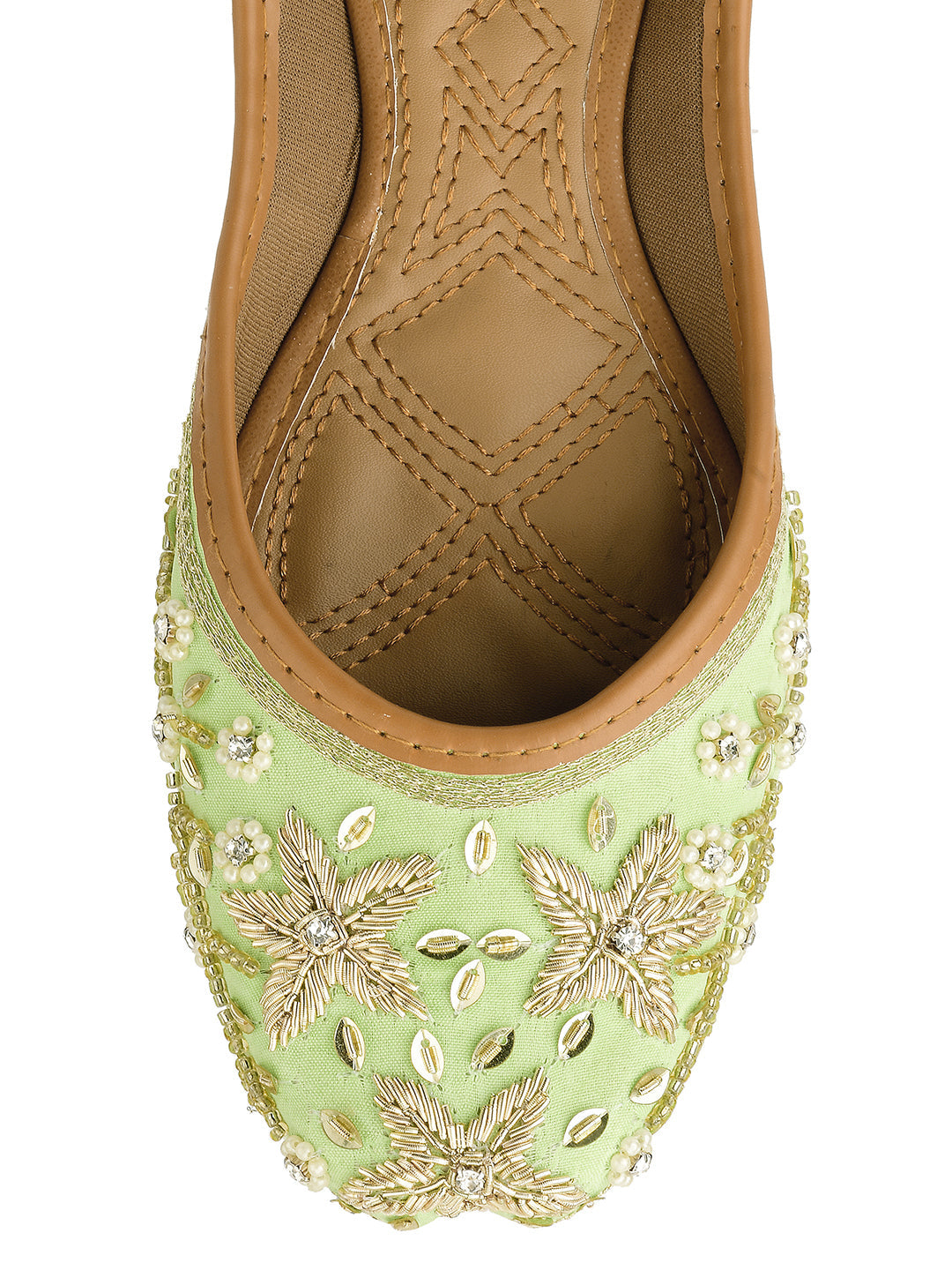 Desi Colour Women Indian Ethnic Footwear-Sea Green Dabka Flower