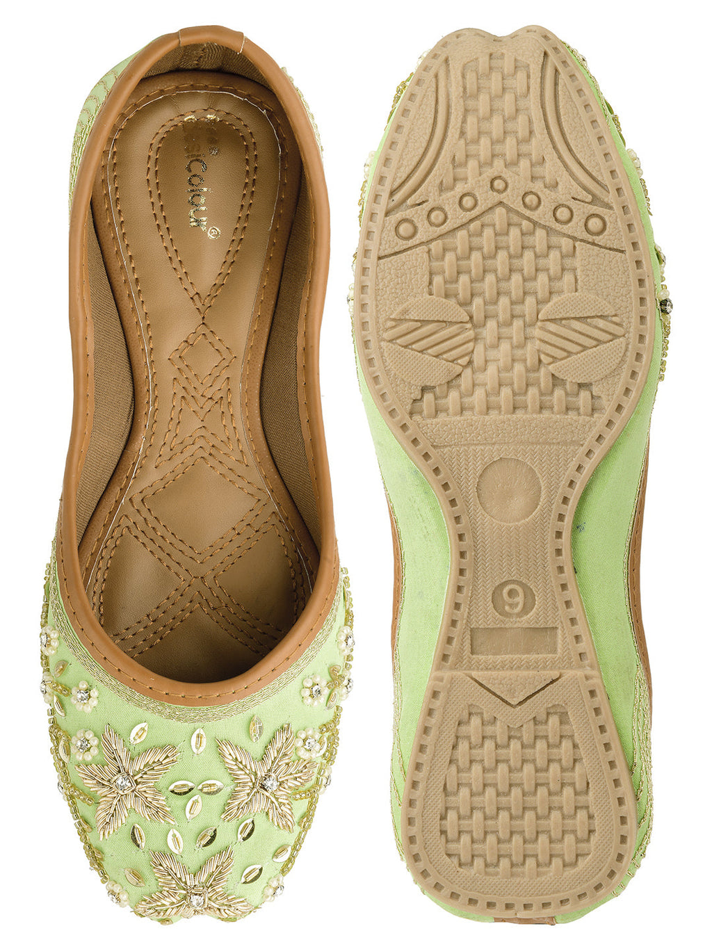 Desi Colour Women Indian Ethnic Footwear-Sea Green Dabka Flower