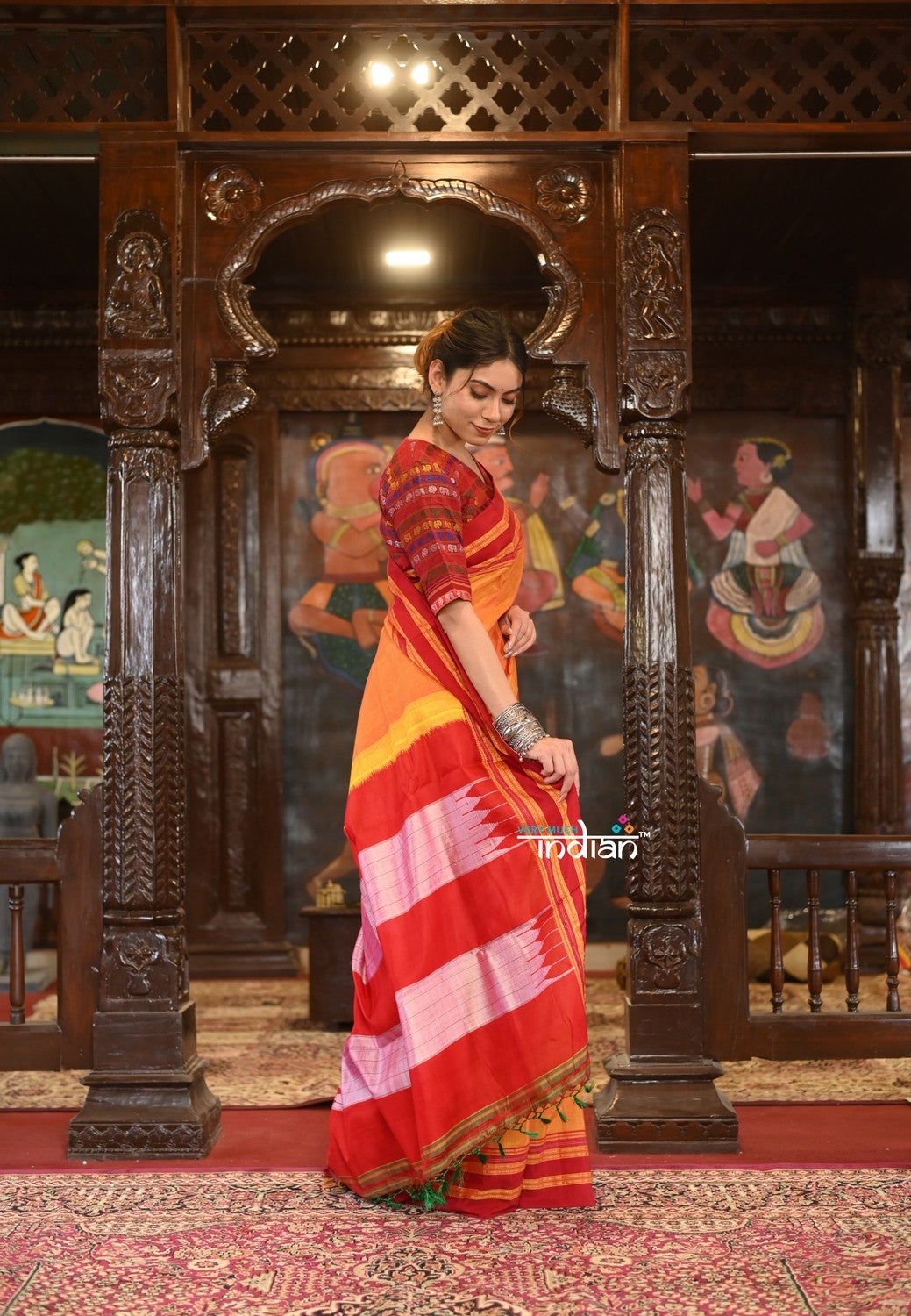 Very Much Indian Handloom Cotton Viscose Ilkal Saree With Pure Resham Pallu - Bright Mustard Yellow With Red Border