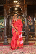 Very Much Indian Handloom Cotton Viscose Ilkal Saree With Pure Resham Pallu - Bright Red With Red Border