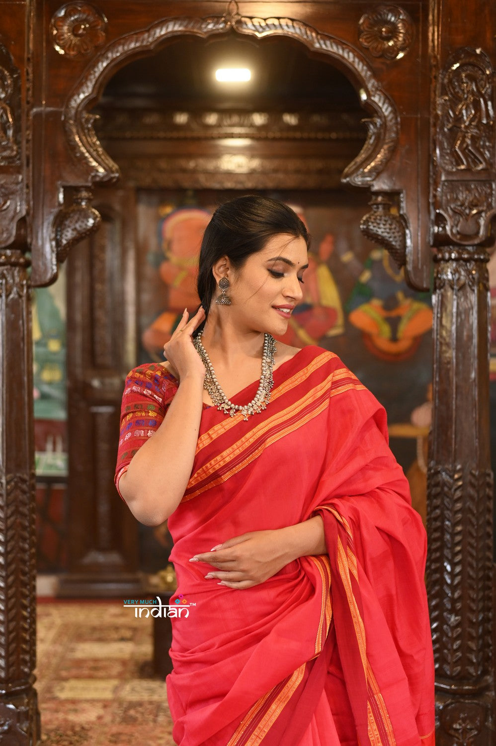 Very Much Indian Handloom Cotton Viscose Ilkal Saree With Pure Resham Pallu - Bright Red With Red Border