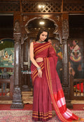 Very Much Indian Handloom Cotton Viscose Ilkal Saree With Pure Resham Pallu - Bright Maroon With Red Border