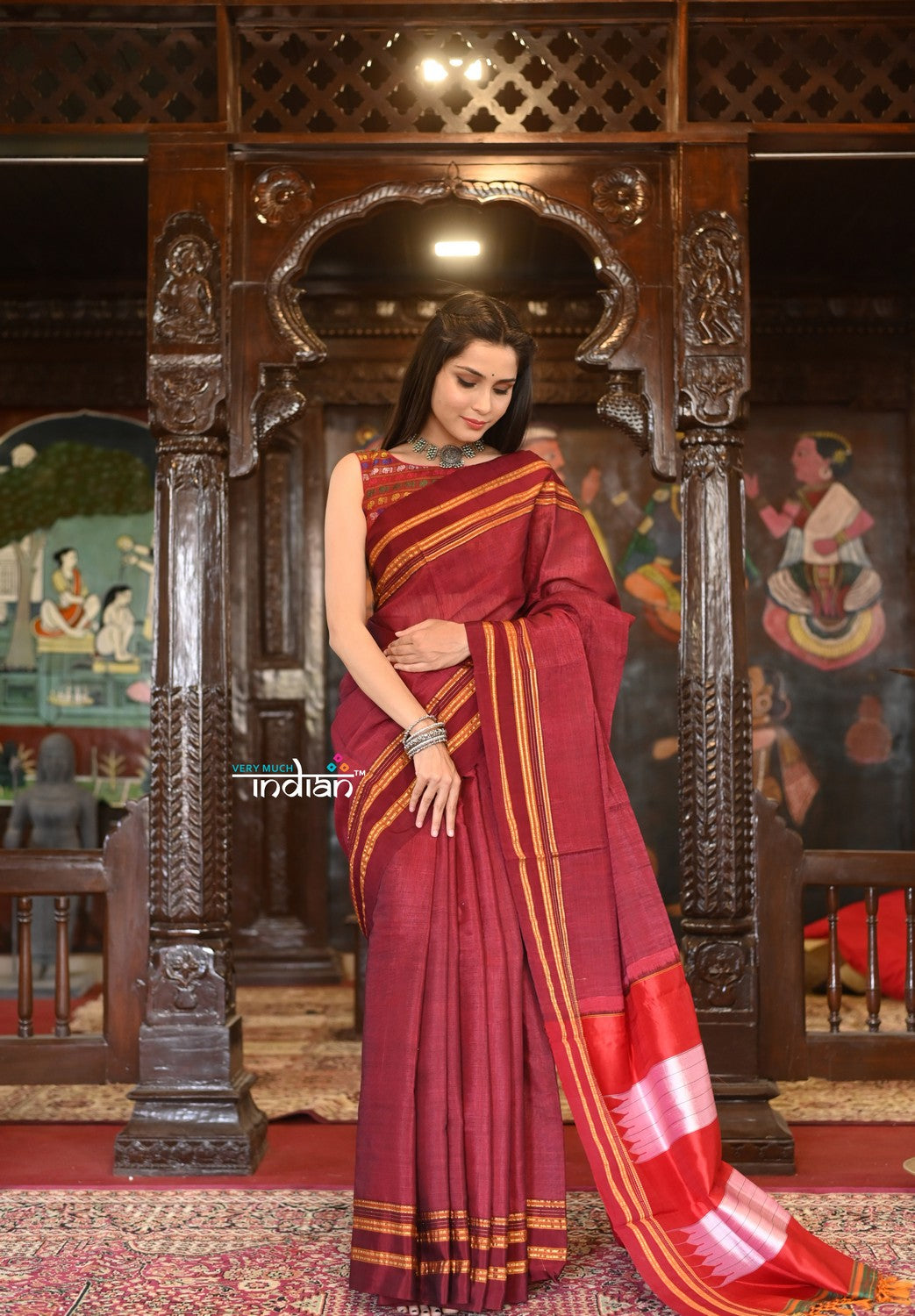 Very Much Indian Handloom Cotton Viscose Ilkal Saree With Pure Resham Pallu - Bright Maroon With Red Border