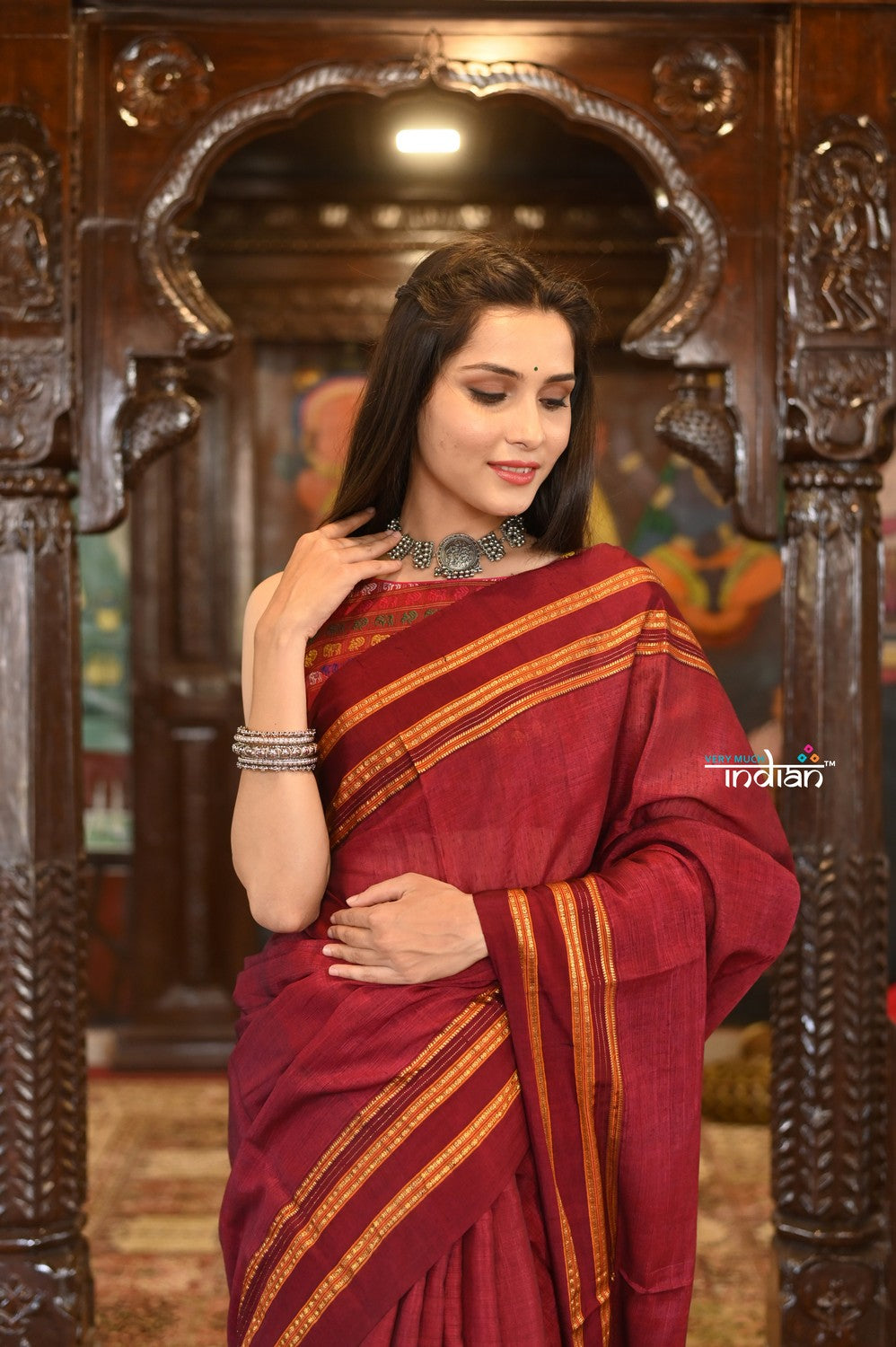 Very Much Indian Handloom Cotton Viscose Ilkal Saree With Pure Resham Pallu - Bright Maroon With Red Border