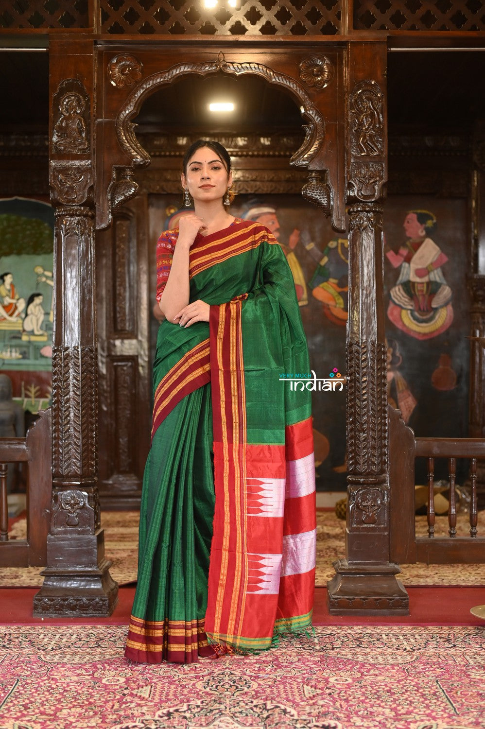 Very Much Indian Handloom Cotton Viscose Ilkal Saree With Pure Resham Pallu - Bright Green With Red Border