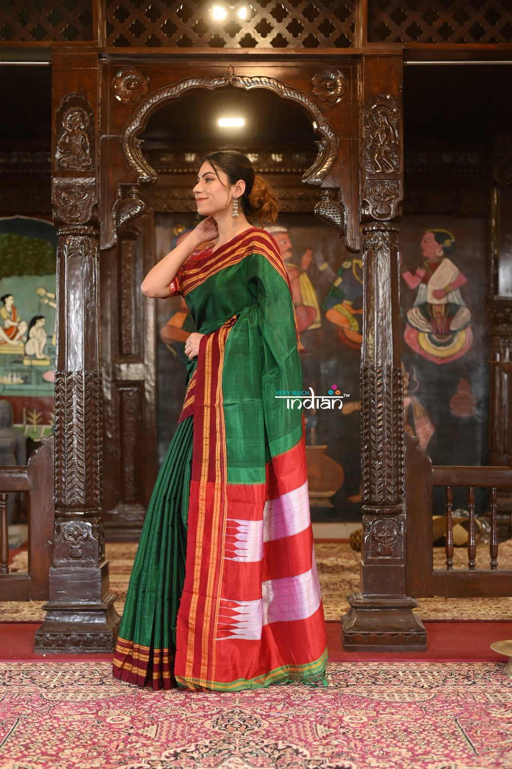 Very Much Indian Handloom Cotton Viscose Ilkal Saree With Pure Resham Pallu - Bright Green With Red Border