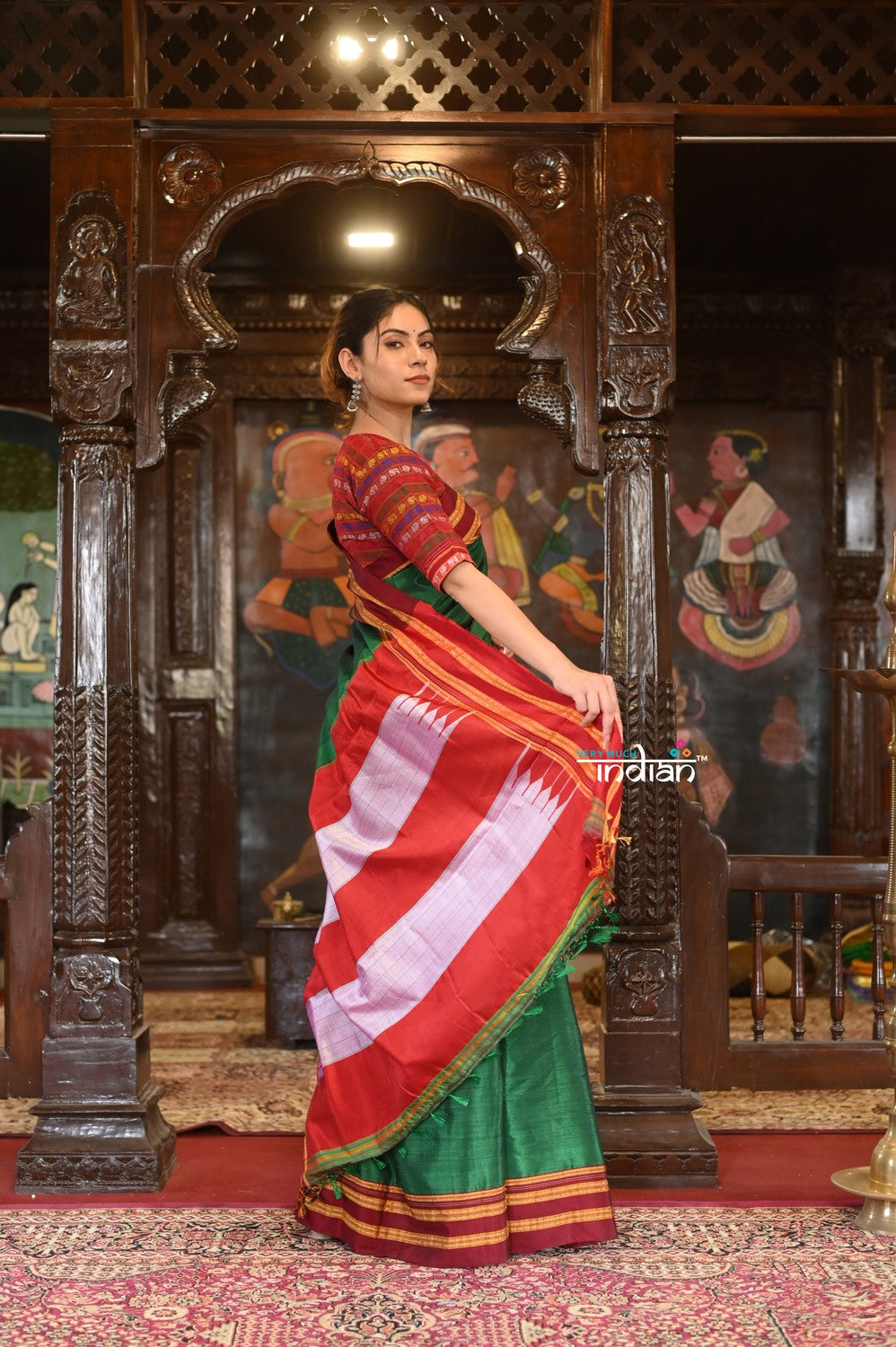 Very Much Indian Handloom Cotton Viscose Ilkal Saree With Pure Resham Pallu - Bright Green With Red Border