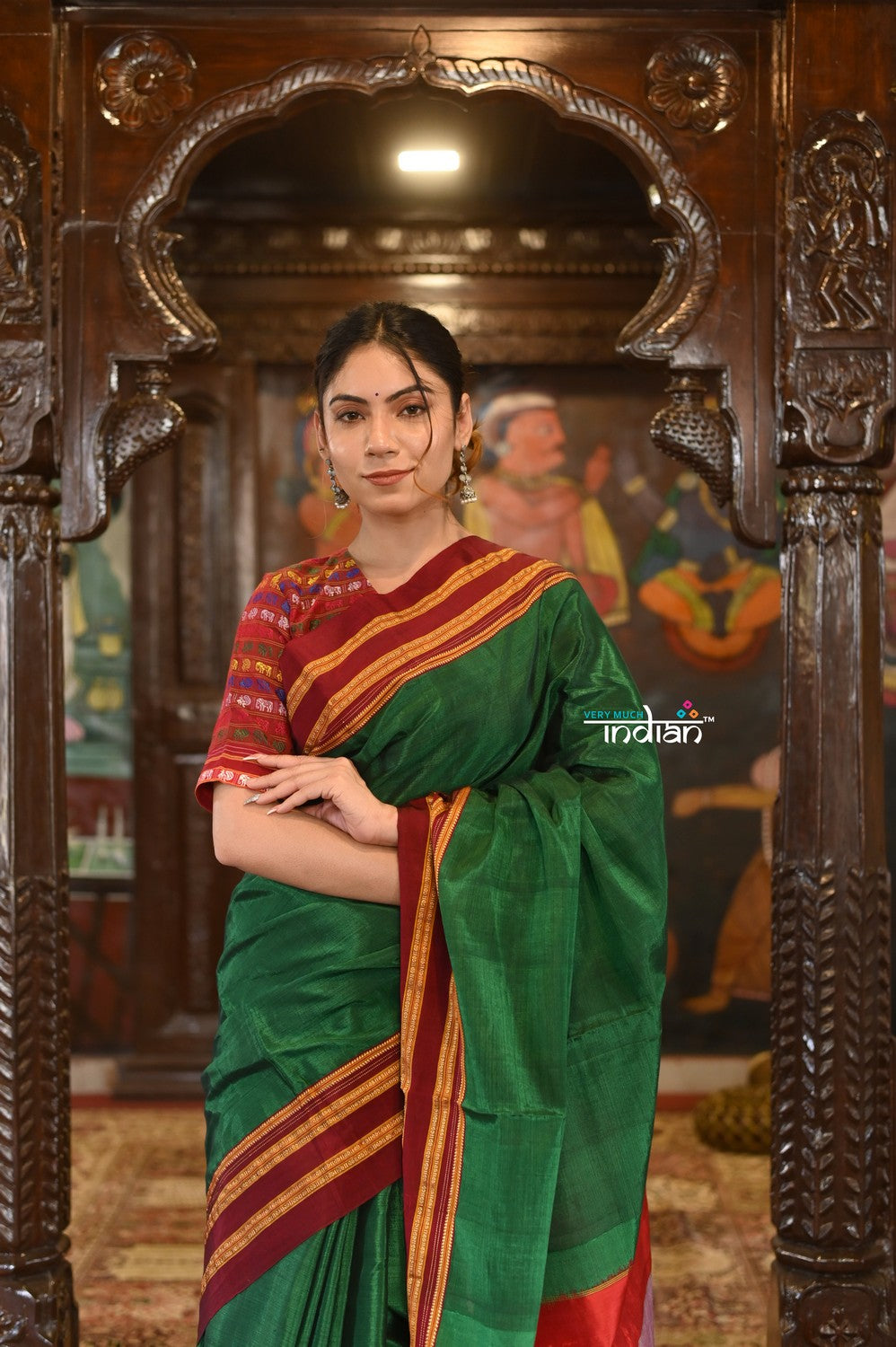 Very Much Indian Handloom Cotton Viscose Ilkal Saree With Pure Resham Pallu - Bright Green With Red Border