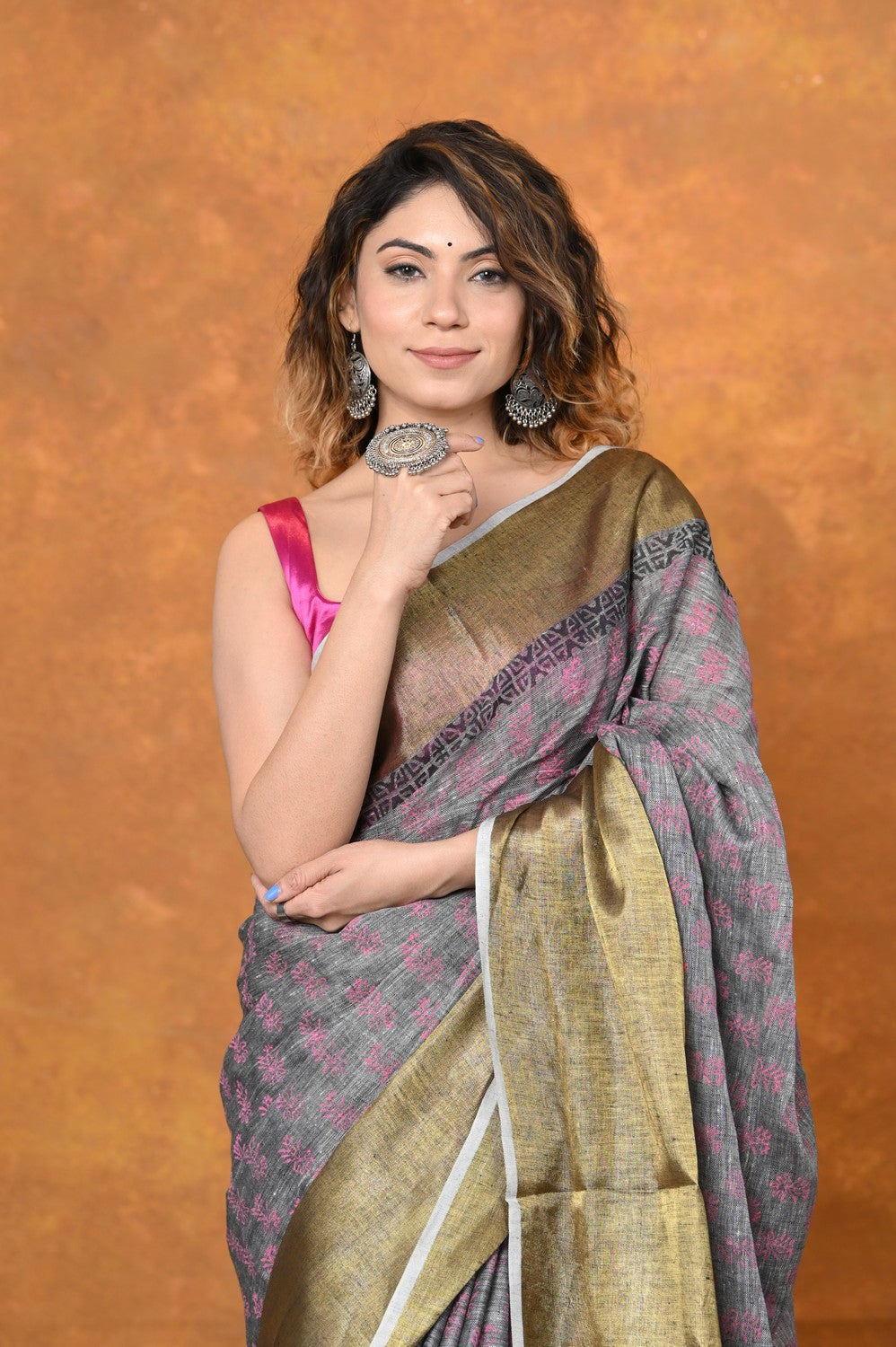 Very Much Indian Designed By VMI - Handloom Pure Organic Natural Linen Saree - HandBlock Printed