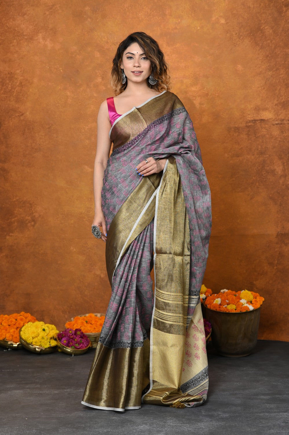 Very Much Indian Designed By VMI - Handloom Pure Organic Natural Linen Saree - HandBlock Printed