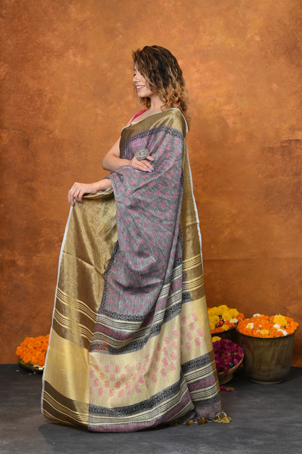 Very Much Indian Designed By VMI - Handloom Pure Organic Natural Linen Saree - HandBlock Printed