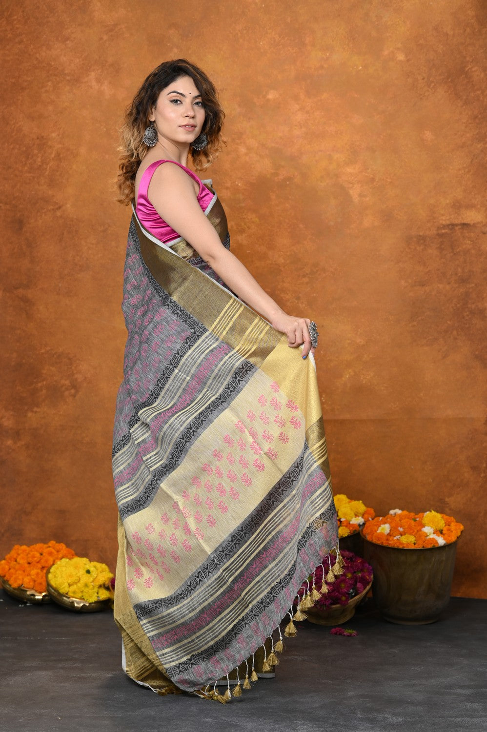 Very Much Indian Designed By VMI - Handloom Pure Organic Natural Linen Saree - HandBlock Printed