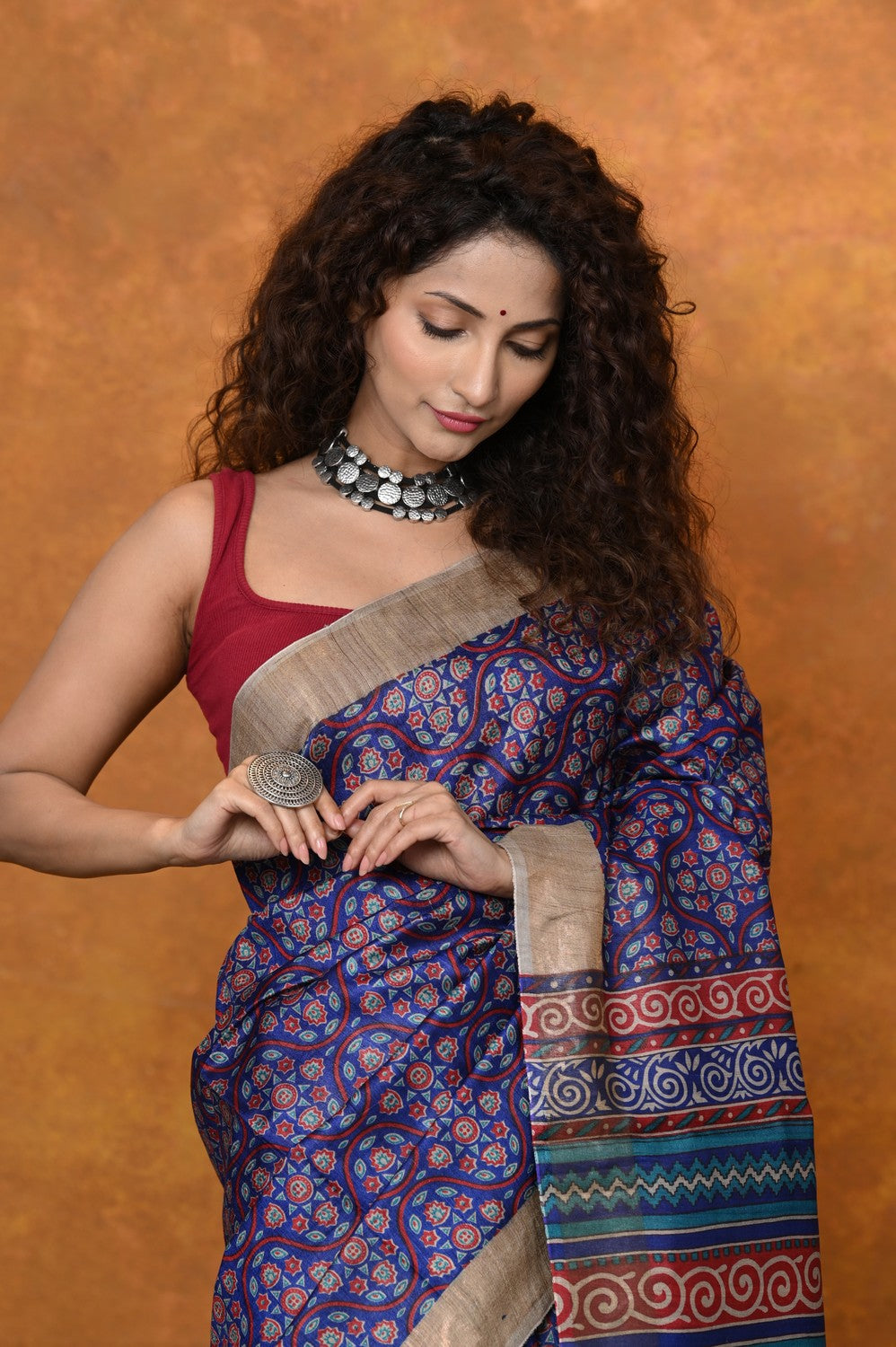 Very Much Indian Designed By VMI - Handloom Pure Organic Natural Linen Saree - HandBlock Printed