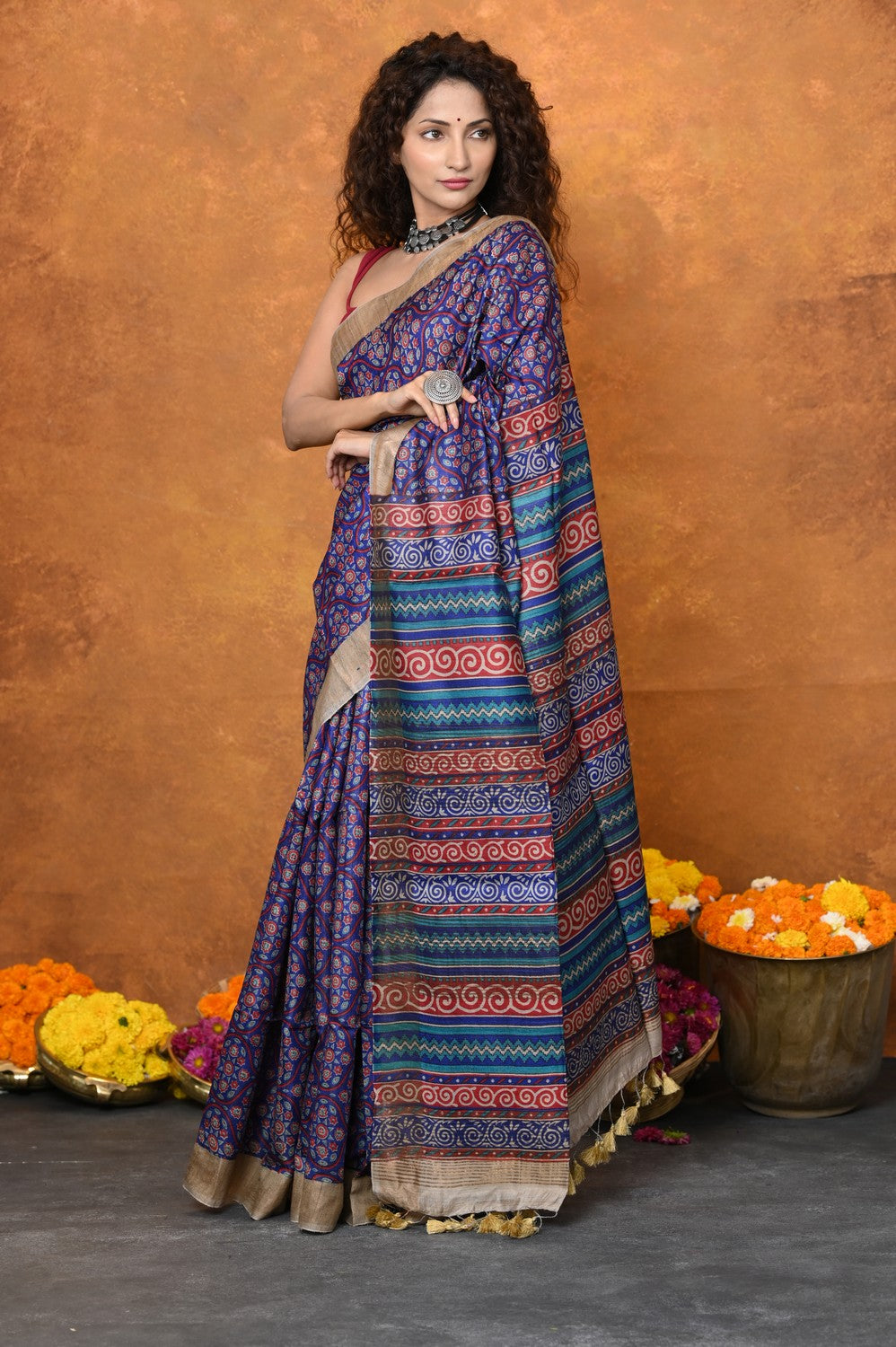 Very Much Indian Designed By VMI - Handloom Pure Organic Natural Linen Saree - HandBlock Printed