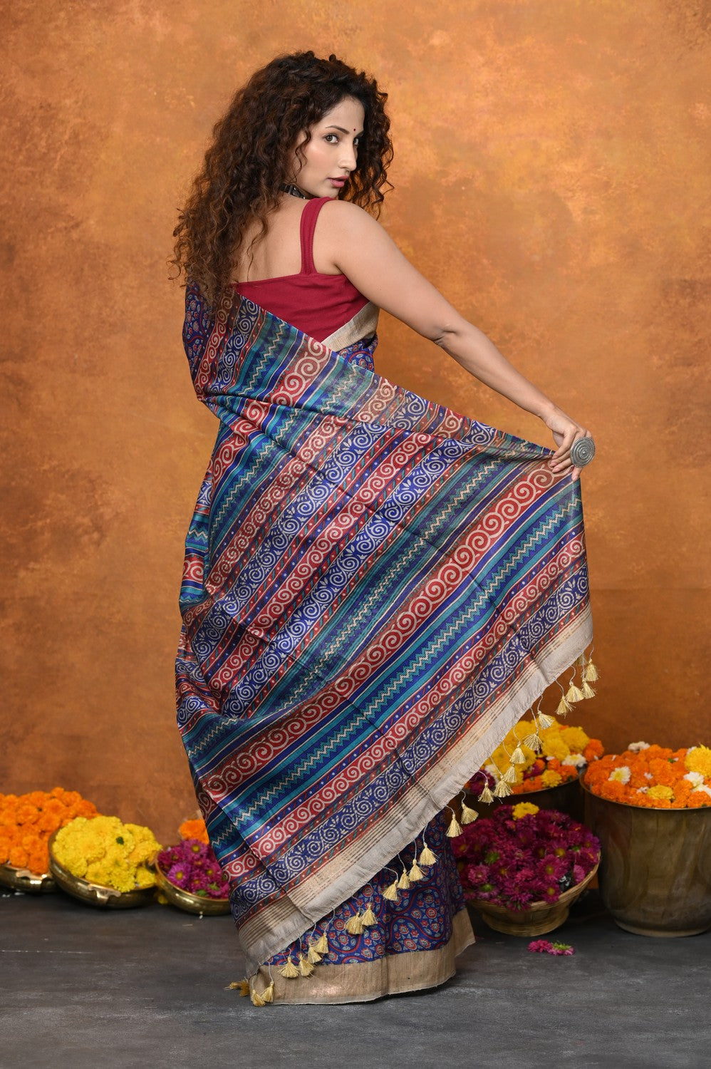 Very Much Indian Designed By VMI - Handloom Pure Organic Natural Linen Saree - HandBlock Printed