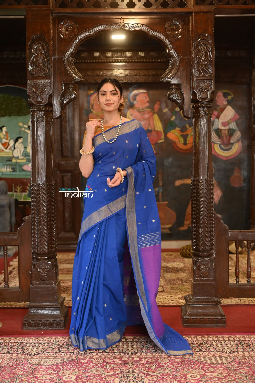 Very Much Indian Authentic Handloom Pure Cotton Paithani with Handcrafted Swan Pallu - Marine Blue