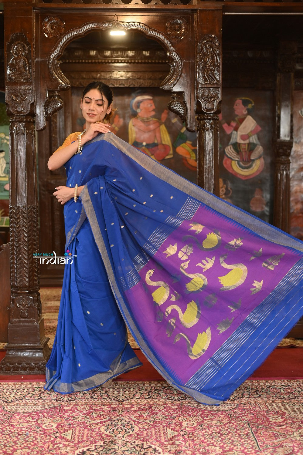 Very Much Indian Authentic Handloom Pure Cotton Paithani with Handcrafted Swan Pallu - Marine Blue