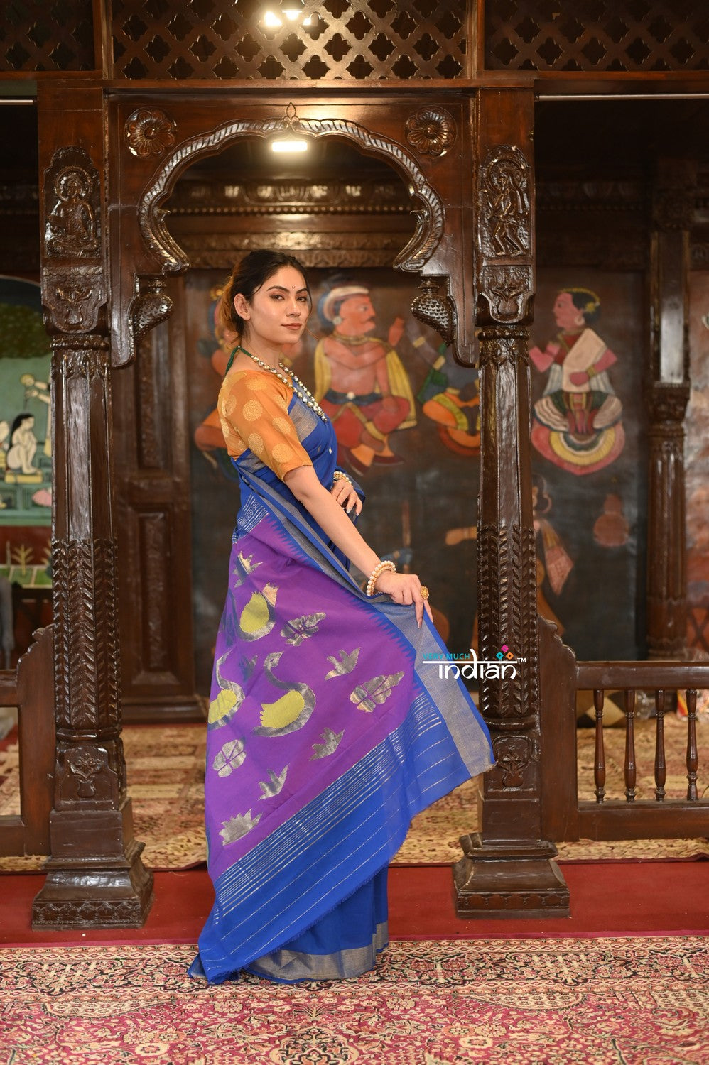 Very Much Indian Authentic Handloom Pure Cotton Paithani with Handcrafted Swan Pallu - Marine Blue