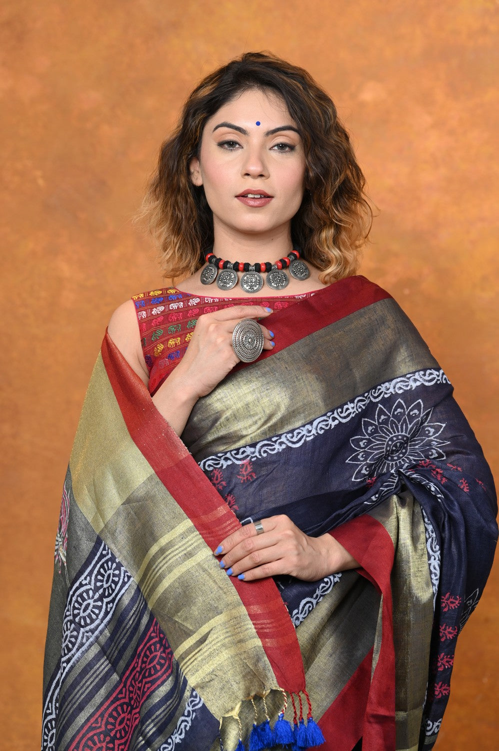 Very Much Indian Designed By VMI - Handloom Pure Organic Natural Linen Saree - HandBlock Printed