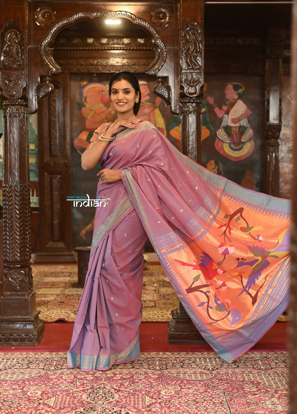 Very Much Indian Authentic Handloom Pure Cotton Paithani with Handcrafted Peacock Pallu - Dual tone Blue Pink