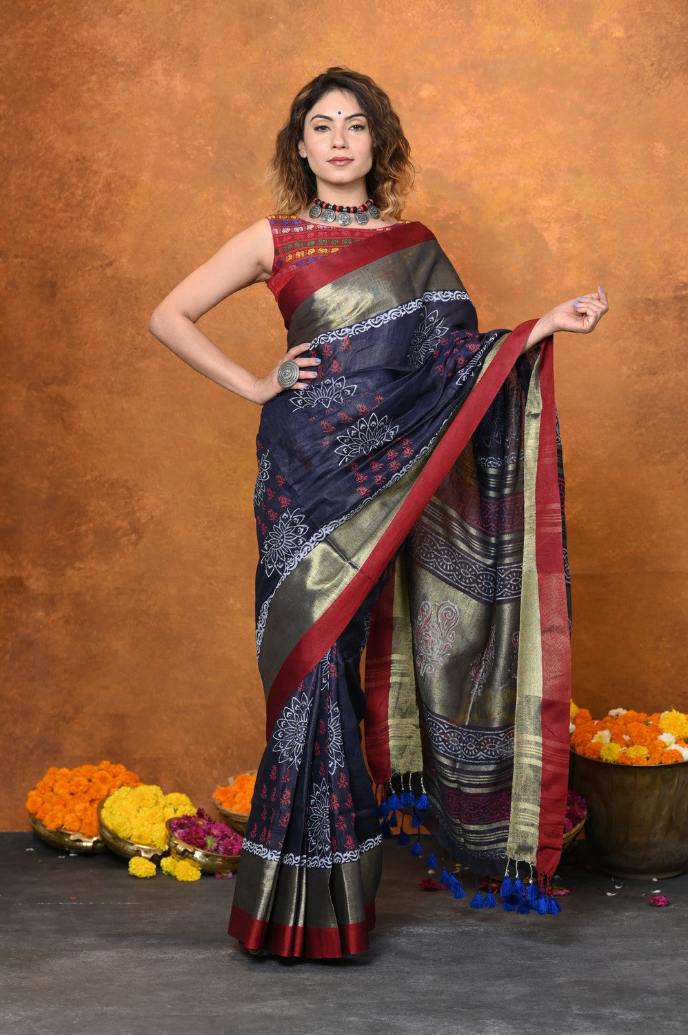 Very Much Indian Designed By VMI - Handloom Pure Organic Natural Linen Saree - HandBlock Printed