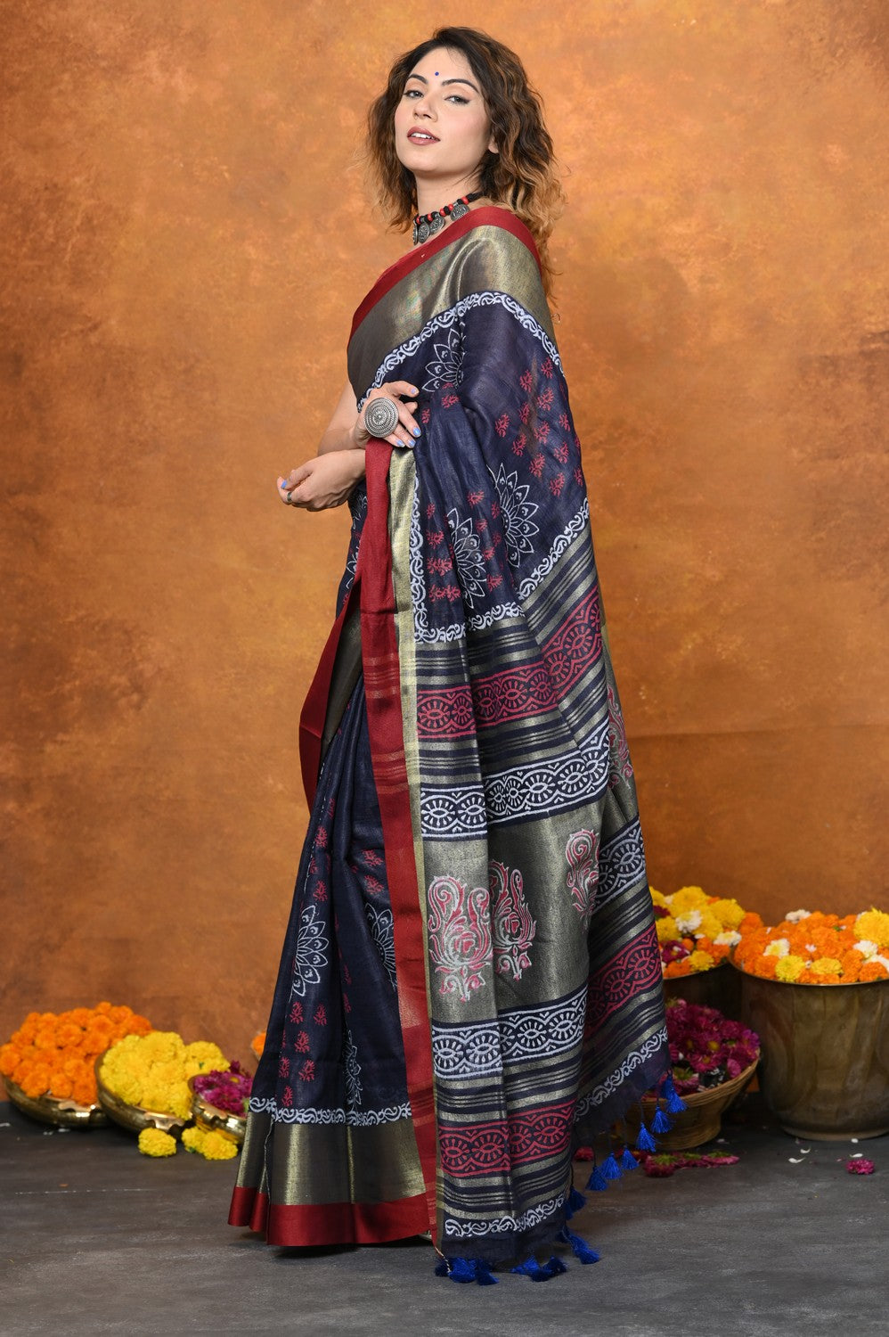 Very Much Indian Designed By VMI - Handloom Pure Organic Natural Linen Saree - HandBlock Printed
