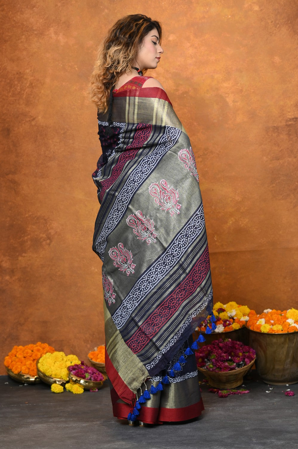 Very Much Indian Designed By VMI - Handloom Pure Organic Natural Linen Saree - HandBlock Printed