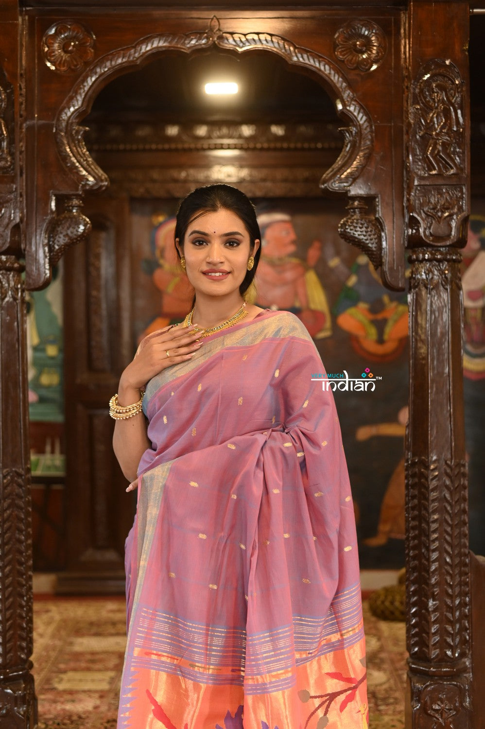 Very Much Indian Authentic Handloom Pure Cotton Paithani with Handcrafted Peacock Pallu - Dual tone Blue Pink