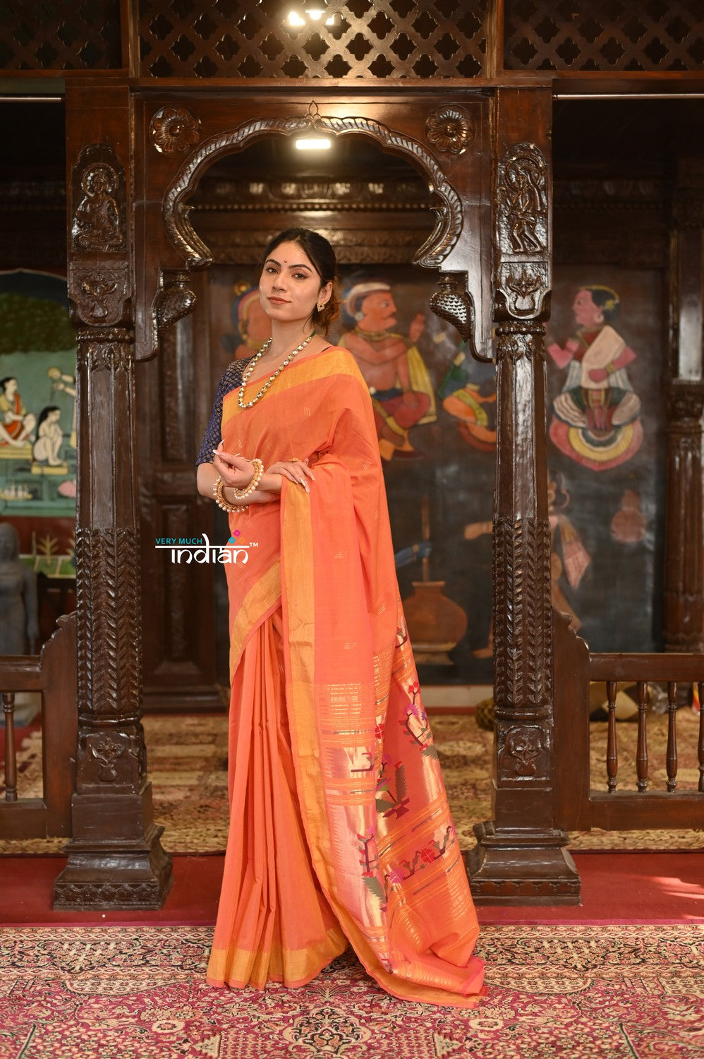 Very Much Indian Authentic Handloom Pure Cotton Paithani with Handcrafted Asawali Pallu - Orange Shade