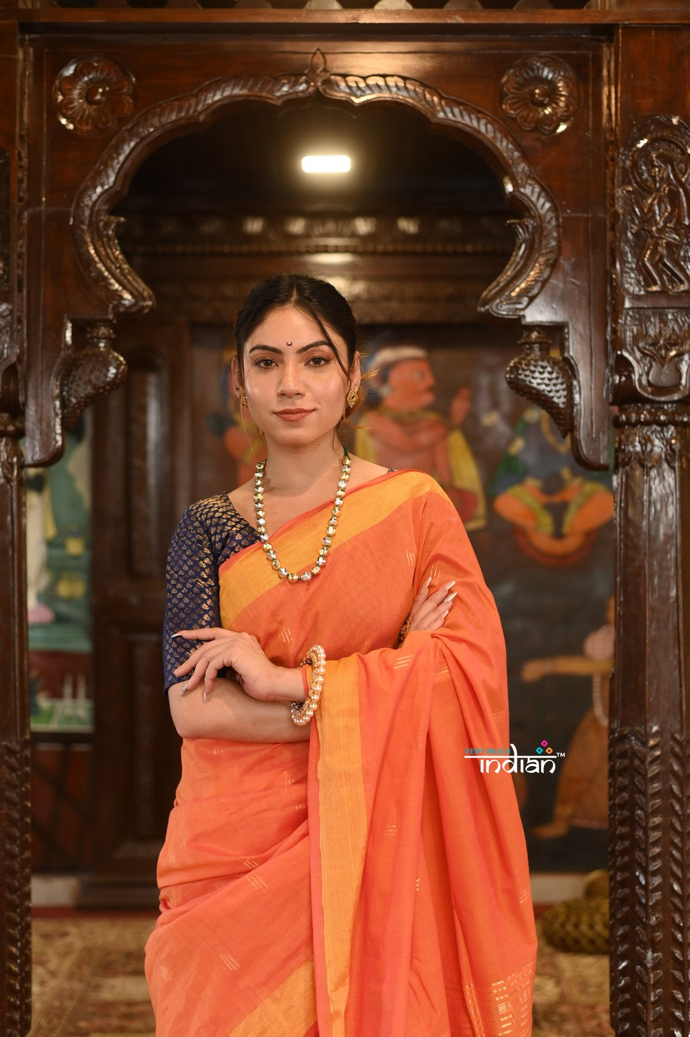 Very Much Indian Authentic Handloom Pure Cotton Paithani with Handcrafted Asawali Pallu - Orange Shade
