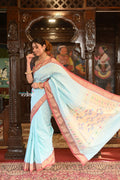 Very Much Indian Authentic Handloom Pure Cotton Paithani with Handcrafted Double Pallu - Powder Blue and Red Border