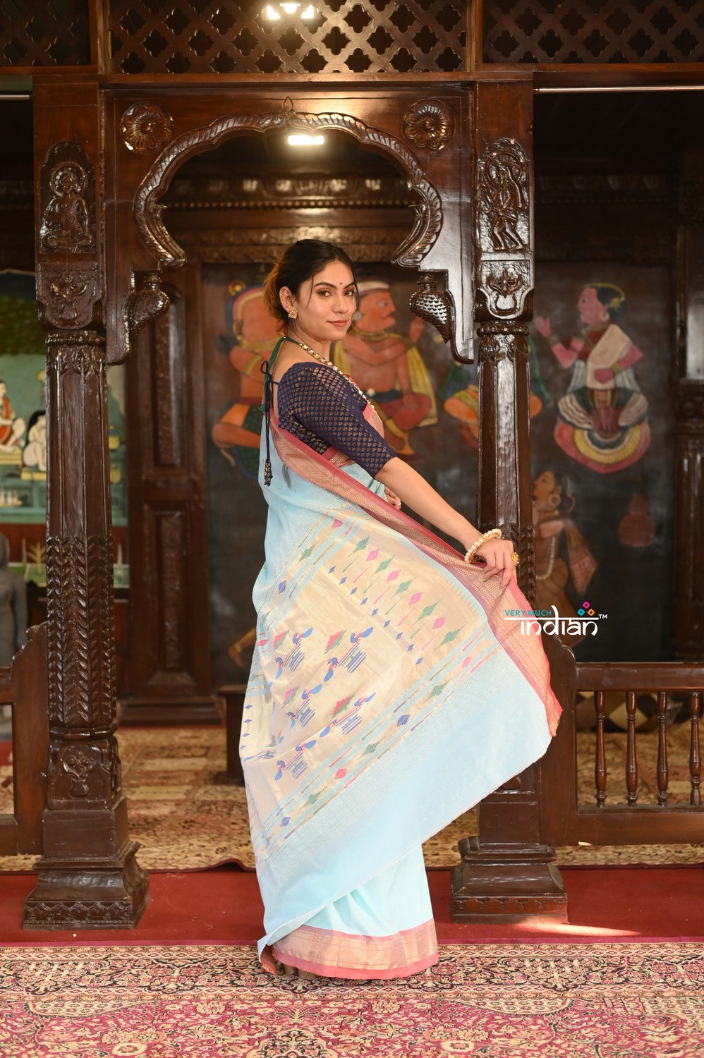 Very Much Indian Authentic Handloom Pure Cotton Paithani with Handcrafted Double Pallu - Powder Blue and Red Border