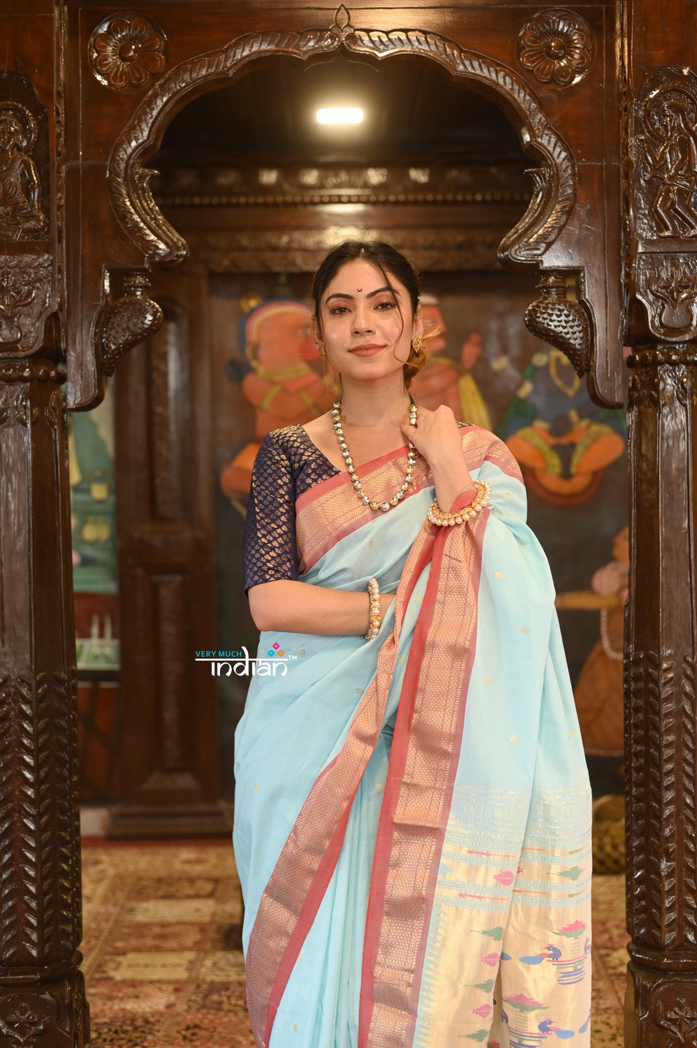 Very Much Indian Authentic Handloom Pure Cotton Paithani with Handcrafted Double Pallu - Powder Blue and Red Border