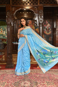 Very Much Indian Authentic Handloom Pure Cotton Paithani with Handcrafted Peacock Pallu - Sky Blue