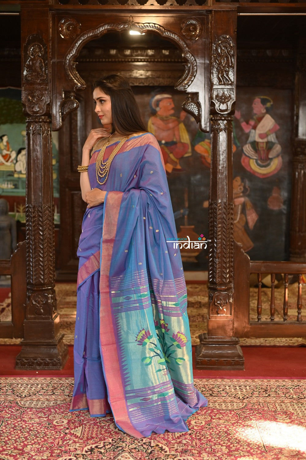 Very Much Indian Authentic Handloom Pure Cotton Paithani with Handcrafted Lotus Pallu - Dual Tone Purple and Pink