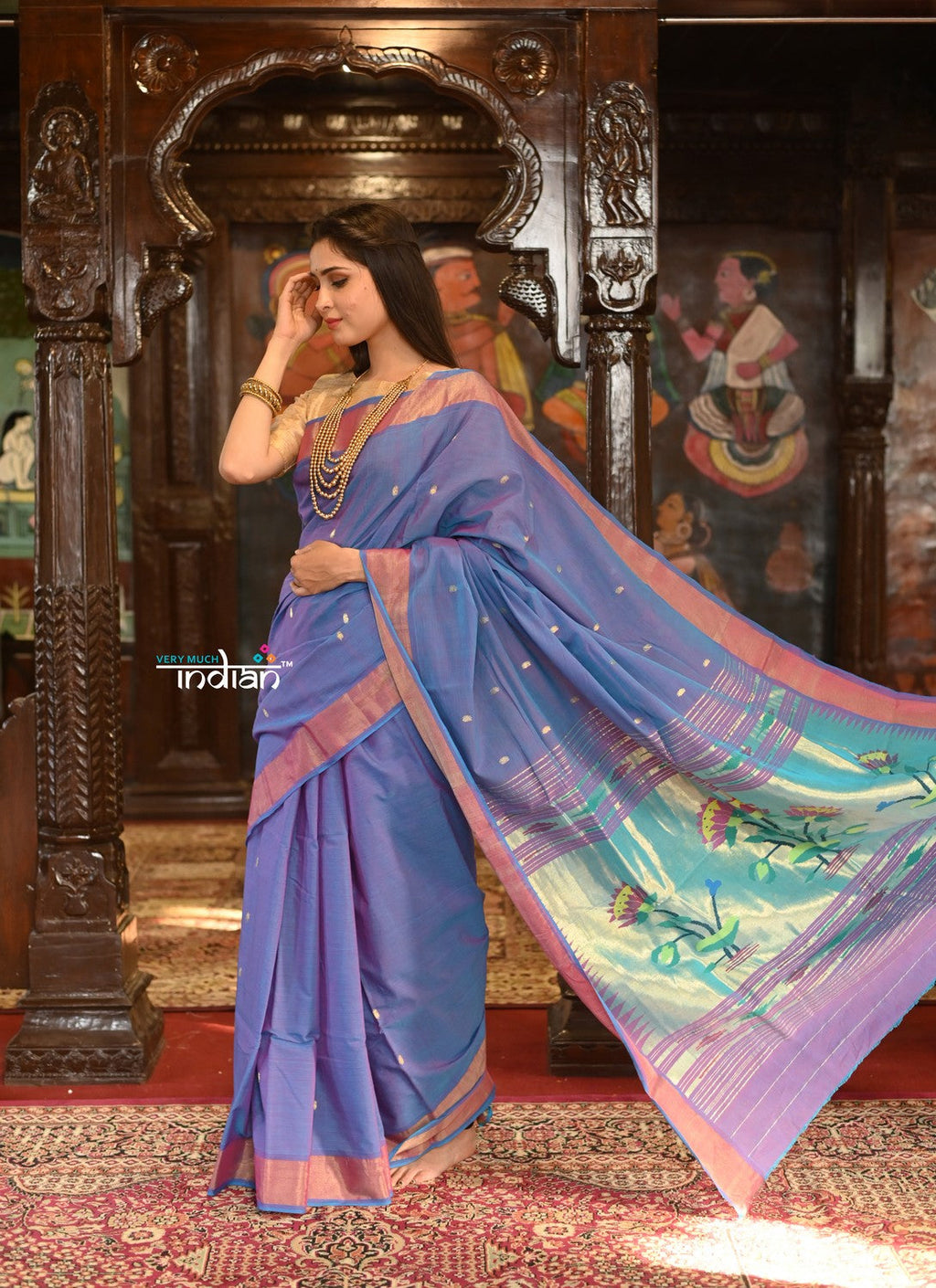 Very Much Indian Authentic Handloom Pure Cotton Paithani with Handcrafted Lotus Pallu - Dual Tone Purple and Pink