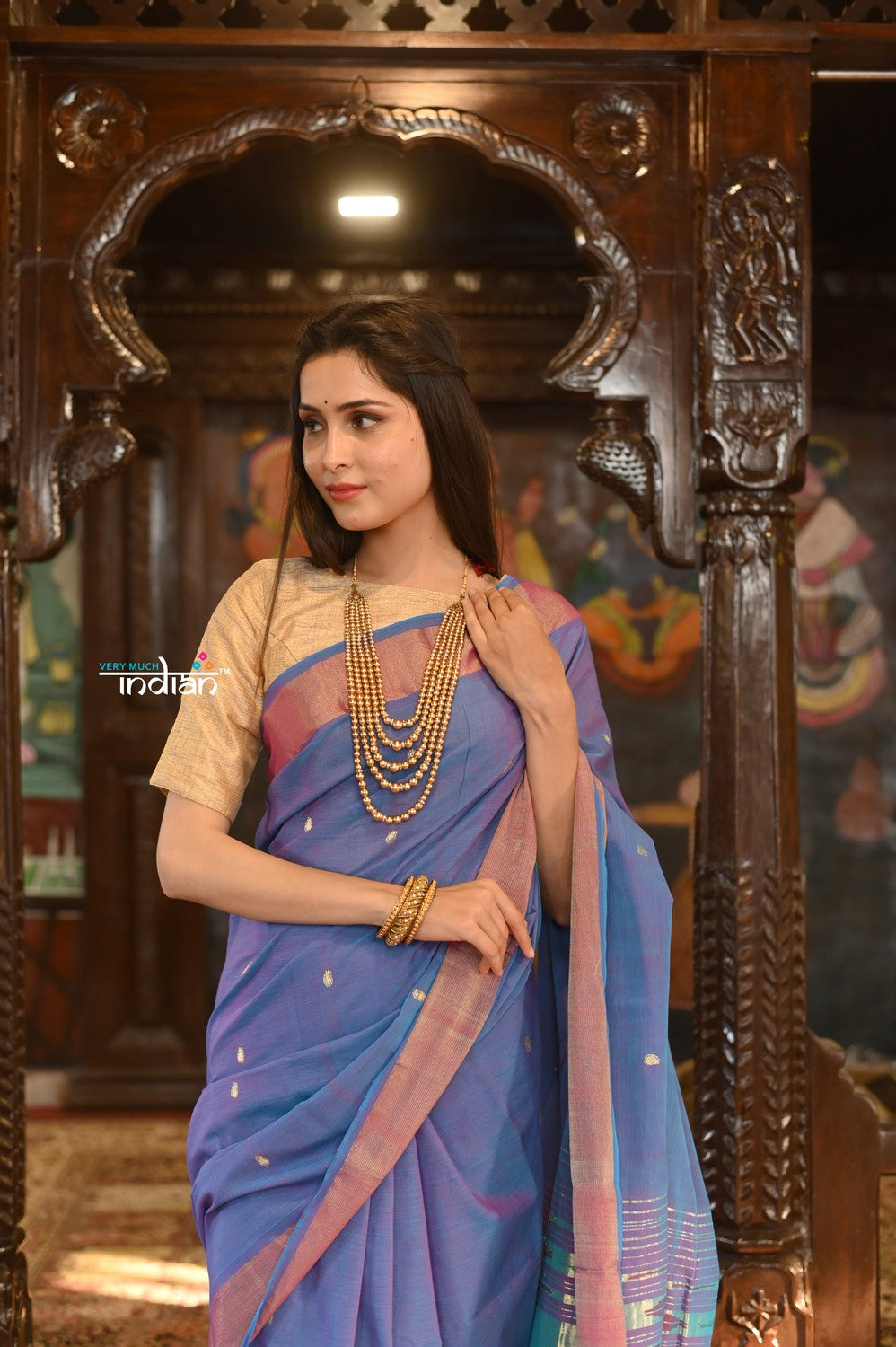 Very Much Indian Authentic Handloom Pure Cotton Paithani with Handcrafted Lotus Pallu - Dual Tone Purple and Pink