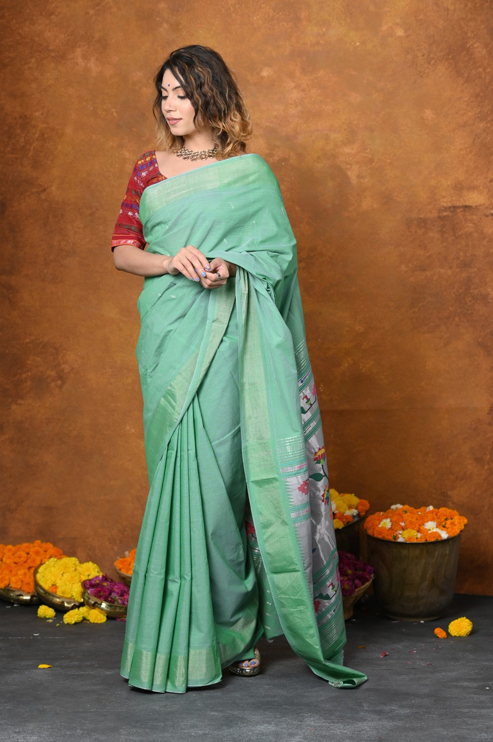 Very Much Indian EXCLUSIVE! Handloom Pure Cotton Paithani With Asawali Pallu - Sea Green