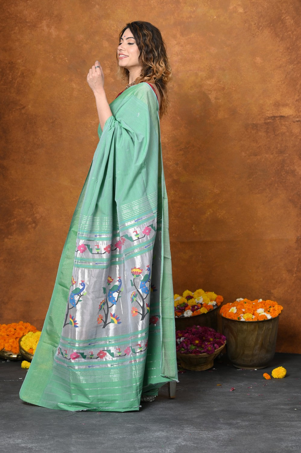 Very Much Indian EXCLUSIVE! Handloom Pure Cotton Paithani With Asawali Pallu - Sea Green