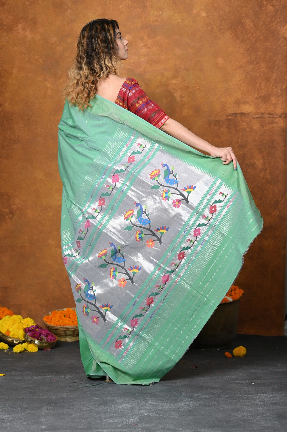 Very Much Indian EXCLUSIVE! Handloom Pure Cotton Paithani With Asawali Pallu - Sea Green