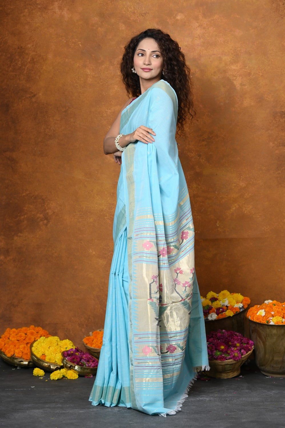 Very Much Indian EXCLUSIVE! Handloom Pure Cotton Paithani With Asawali Pallu - Sky Blue