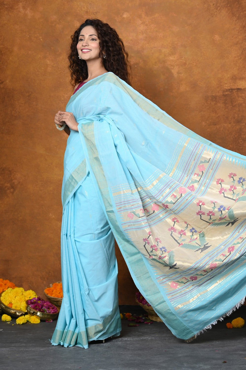 Very Much Indian EXCLUSIVE! Handloom Pure Cotton Paithani With Asawali Pallu - Sky Blue