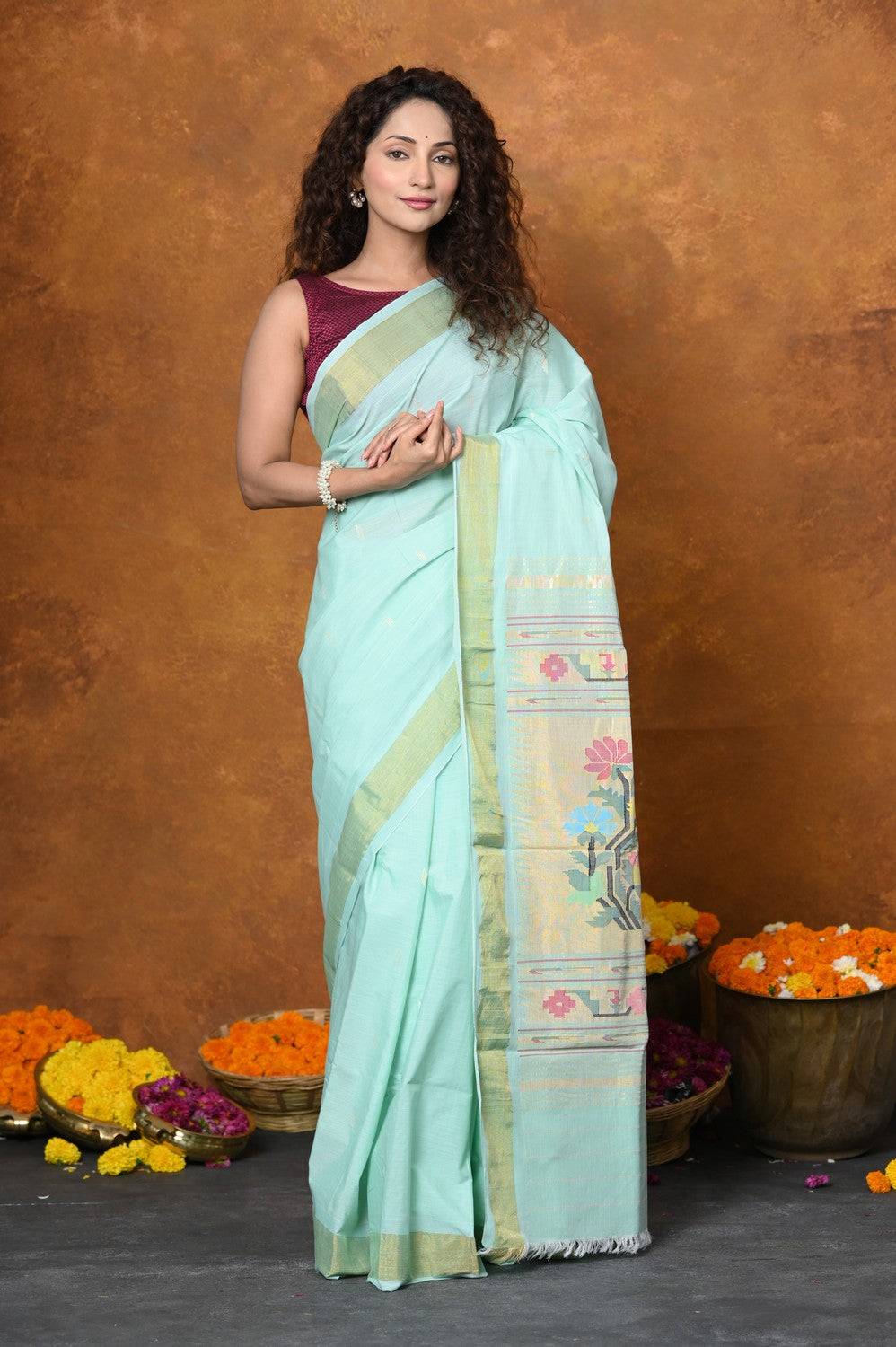 Very Much Indian EXCLUSIVE! Handloom Pure Cotton Paithani With Asawali Pallu - Light Blue