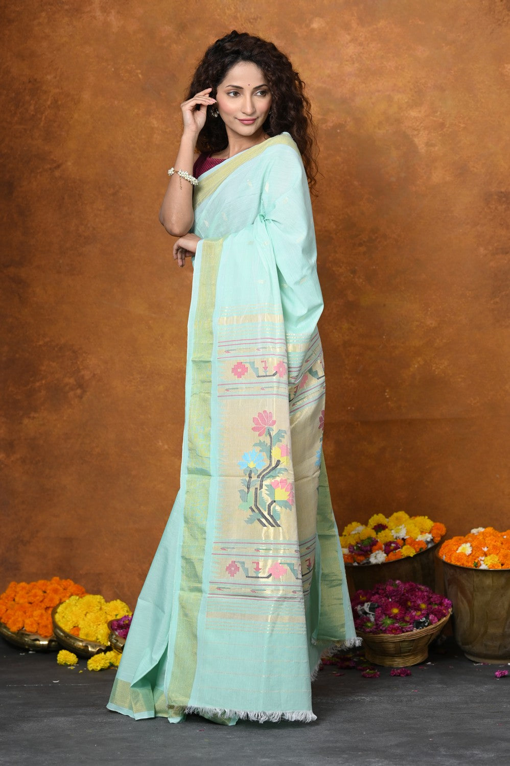 Very Much Indian EXCLUSIVE! Handloom Pure Cotton Paithani With Asawali Pallu - Light Blue