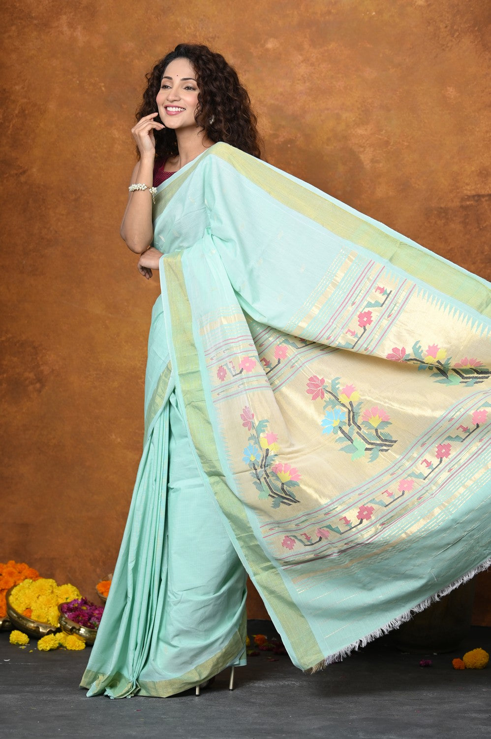 Very Much Indian EXCLUSIVE! Handloom Pure Cotton Paithani With Asawali Pallu - Light Blue