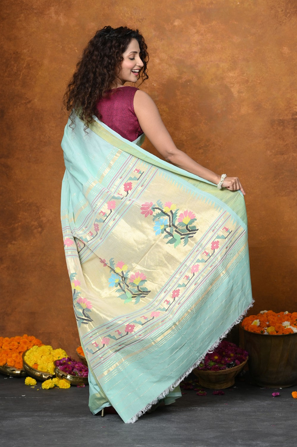 Very Much Indian EXCLUSIVE! Handloom Pure Cotton Paithani With Asawali Pallu - Light Blue