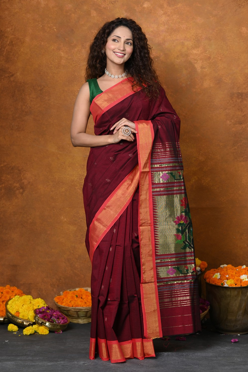 Very Much Indian EXCLUSIVE! Handloom Pure Cotton Paithani With Asawali Pallu - Dark Maroon