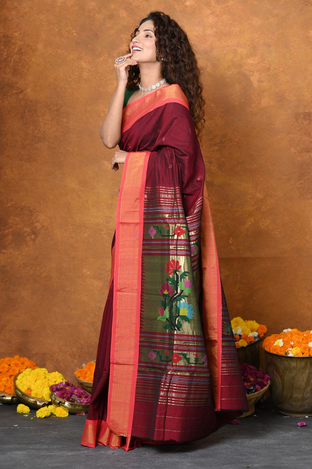 Very Much Indian EXCLUSIVE! Handloom Pure Cotton Paithani With Asawali Pallu - Dark Maroon