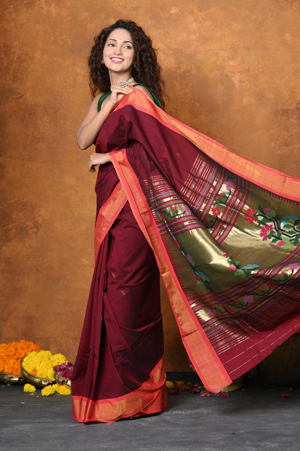 Very Much Indian EXCLUSIVE! Handloom Pure Cotton Paithani With Asawali Pallu - Dark Maroon