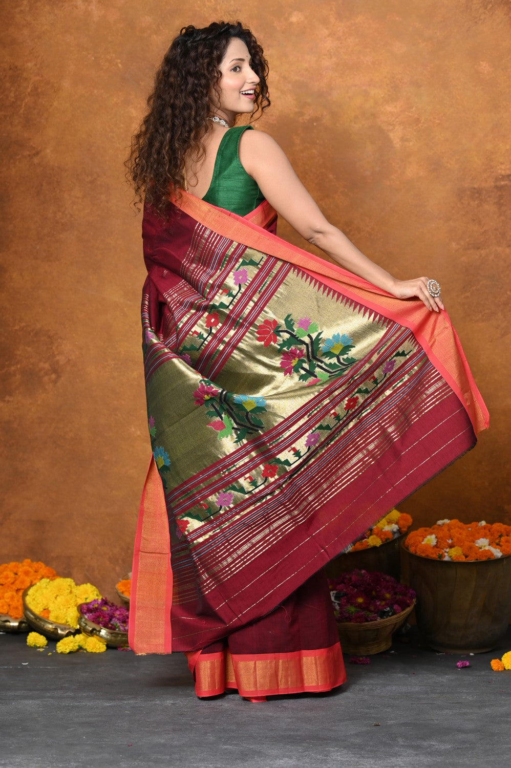 Very Much Indian EXCLUSIVE! Handloom Pure Cotton Paithani With Asawali Pallu - Dark Maroon